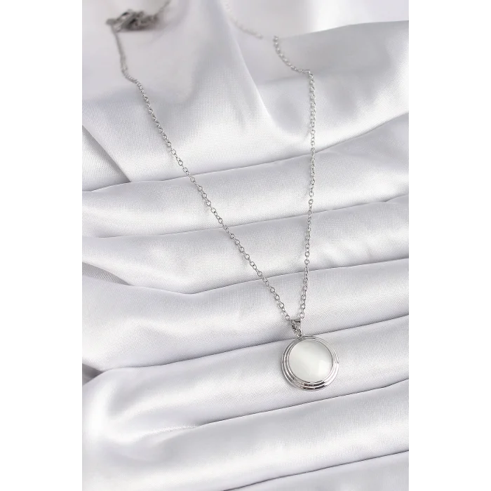BUĞZ 316L Çelik Gümüş Renk Beyaz Sedefli Daire Model Kadın Kolye - Lisinya