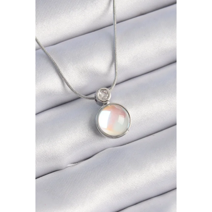 BUĞZ 316L Çelik Gümüş Renk Beyaz Sedefli Vintage Model Kadın Kolye