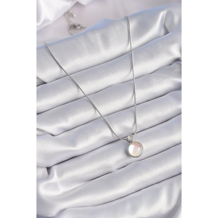 BUĞZ 316L Çelik Gümüş Renk Beyaz Sedefli Vintage Model Kadın Kolye - Lisinya