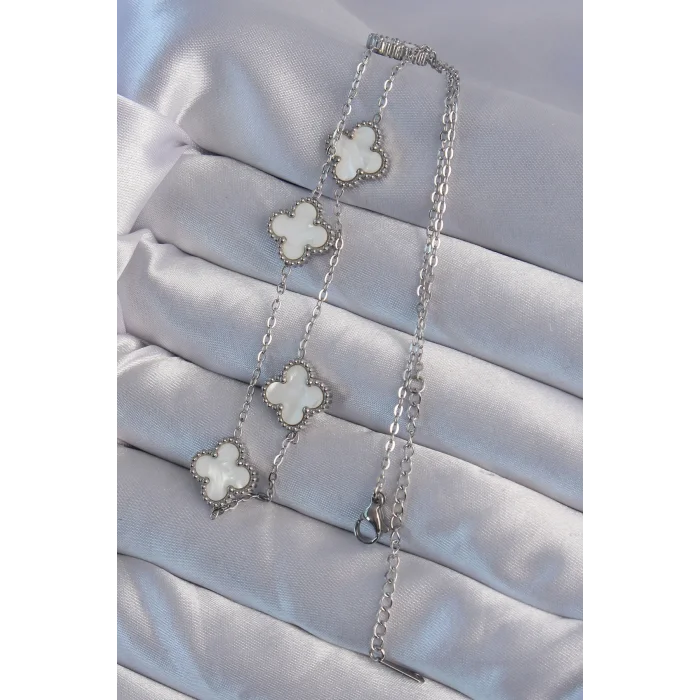 BUĞZ 316L Çelik Gümüş Renk Beyaz Sedefli Yonca Kolye