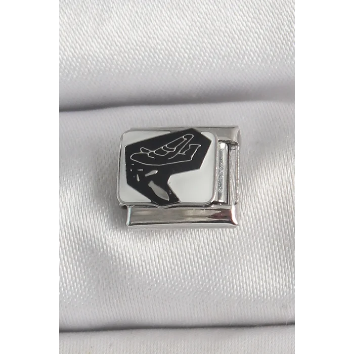 BUĞZ 316L Çelik Gümüş Renk Beyaz Siyah Uçak İşlemeli Portre Model Nomination Charm