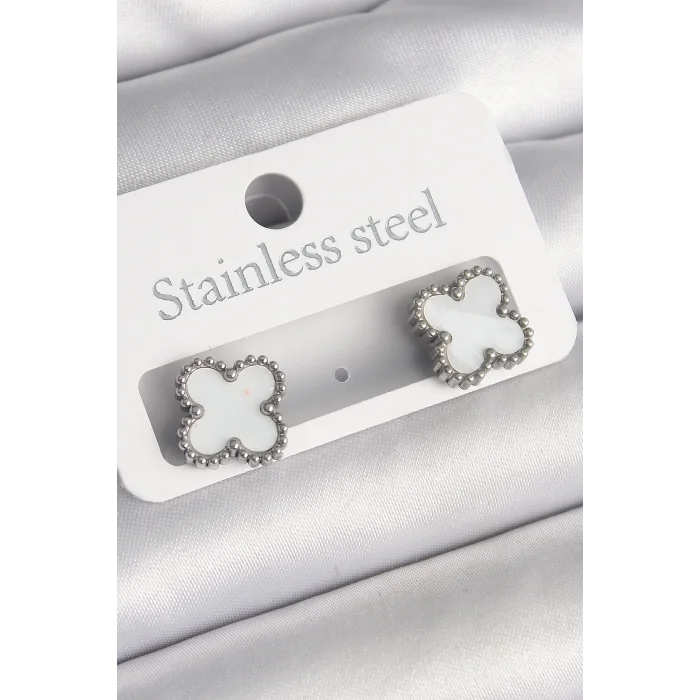 BUĞZ 316L Çelik Gümüş Renk Beyaz Yonca Model Kadın Küpe