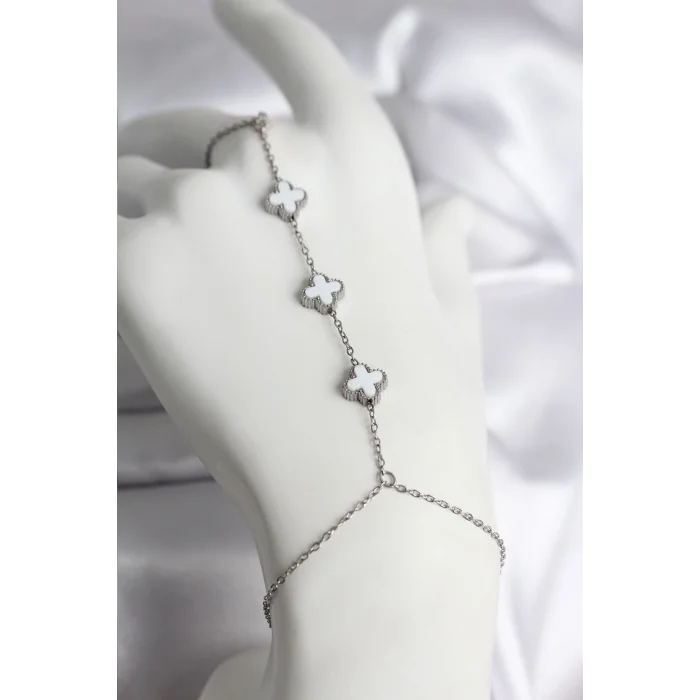 BUĞZ 316L Çelik Gümüş Renk Beyaz Yonca Model Kadın Şahmeran