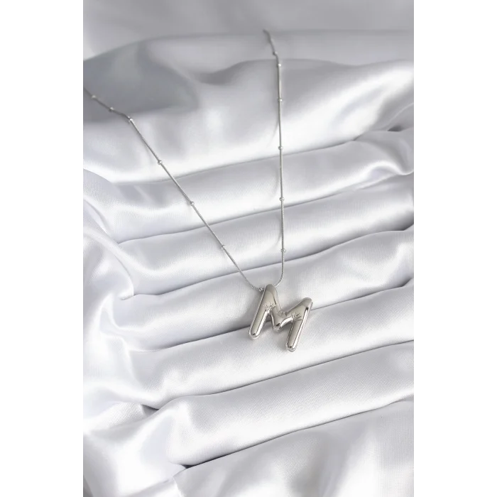 BUĞZ 316L Çelik Gümüş Renk Bubble M Harf Model Kadın Kolye - Lisinya