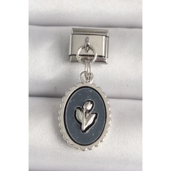 BUĞZ 316L Çelik Gümüş Renk Çiçek İşlemeli Siyah Portre Model Nomination Charm