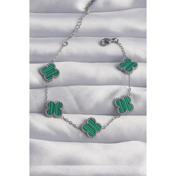 BUĞZ 316L Çelik Gümüş Renk Çizgili Yeşil Mineli Yonca Bileklik