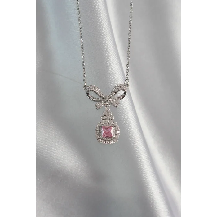 BUĞZ 316L Çelik Gümüş Renk Fiyonk Detay Pembe Zirkon Taşlı Tektaş Kolye - Lisinya