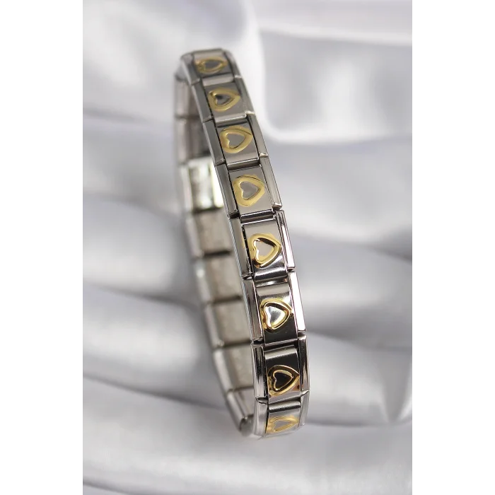 BUĞZ 316L Çelik Gümüş Renk Gold Kalp İşleme Nomination Model Kadın Bileklik