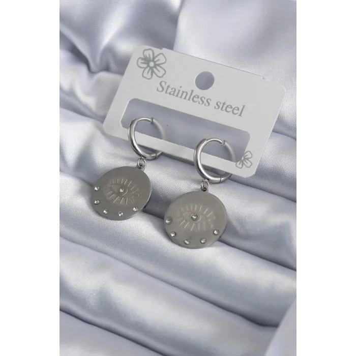 BUĞZ 316L Çelik Gümüş Renk Göz İşleme Zirkon Taş Detay Kadın Küpe