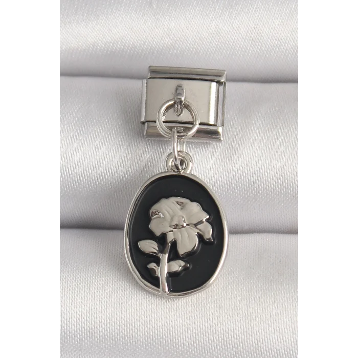 BUĞZ 316L Çelik Gümüş Renk Gümüş Çiçek İşlemeli Siyah Portre Model Nomination Charm