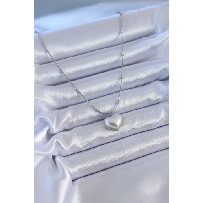 BUĞZ 316L Çelik Gümüş Renk İncili Kalp Model Minimal Top Detay Kadın Kolye