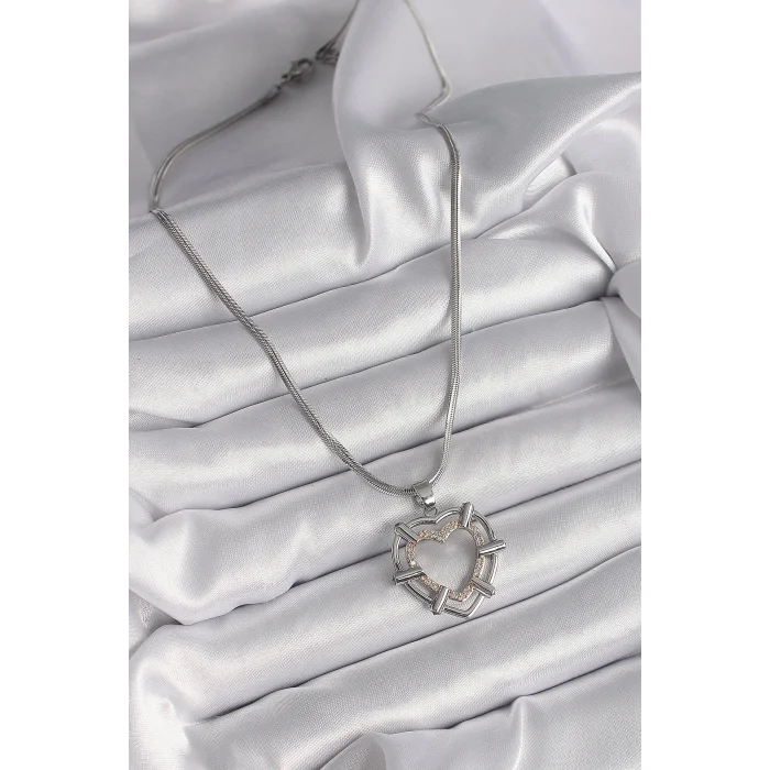BUĞZ 316L Çelik Gümüş Renk İtalyan Zincir Mix Renk Zirkon Taş Detay Kalp Model Kadın Kolye - BUĞZ