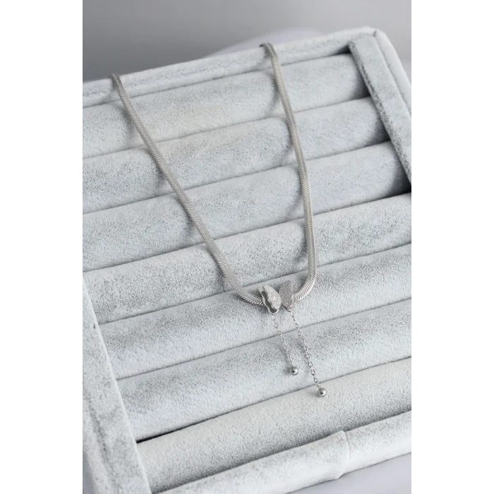 BUĞZ 316L Çelik Gümüş Renk İtalyan Zincir Model Simli Kelebek Figür Kadın Kolye