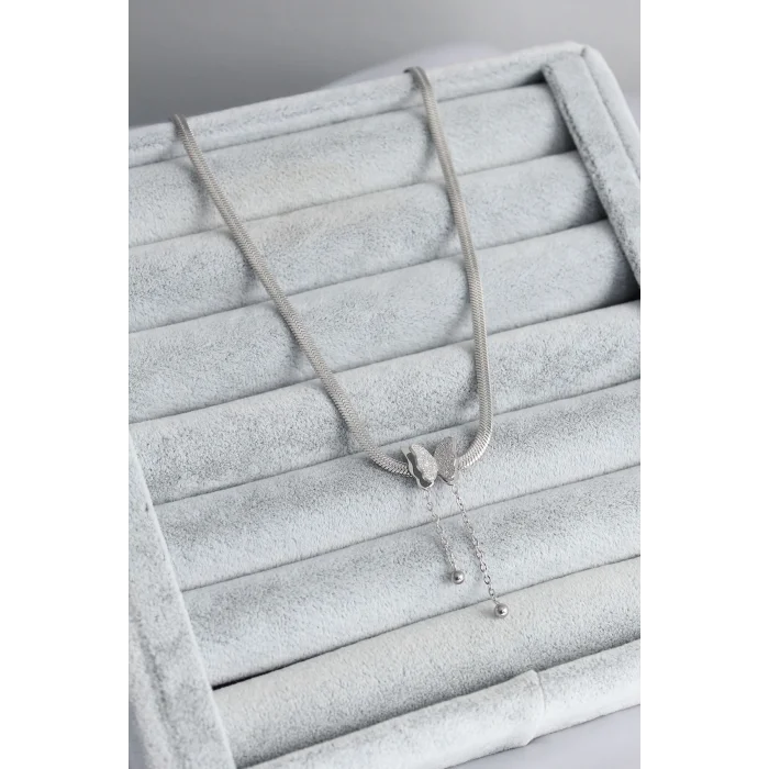 BUĞZ 316L Çelik Gümüş Renk İtalyan Zincir Model Simli Kelebek Figür Kadın Kolye - Lisinya