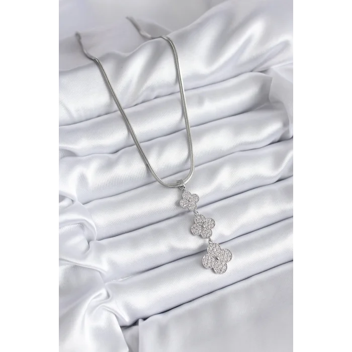 BUĞZ 316L Çelik Gümüş Renk İtalyan Zincir Zirkon Taşı Yonca Model Kadın Kolye - Lisinya