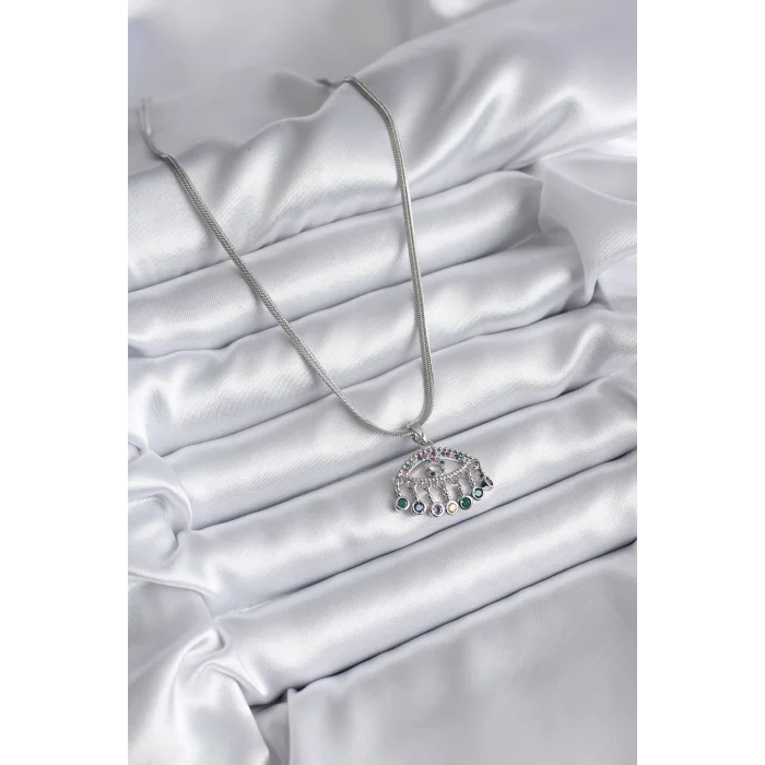 BUĞZ 316L Çelik Gümüş Renk İtalyan Zincir Zirkon Taşlı Göz Figür Kadın Kolye - Lisinya