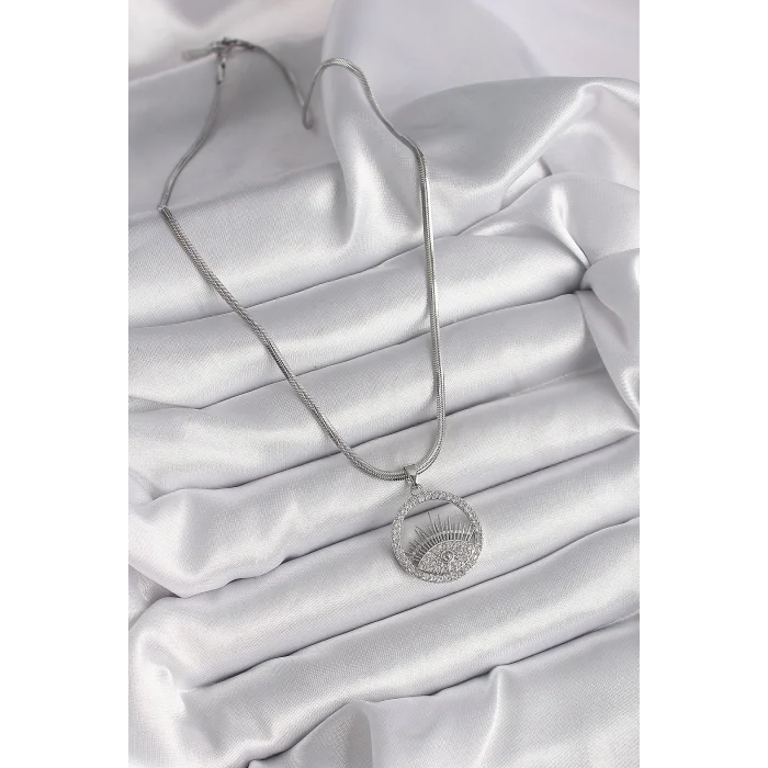 BUĞZ 316L Çelik Gümüş Renk İtalyan Zincir Zirkon Taşlı Göz Model Kadın Kolye