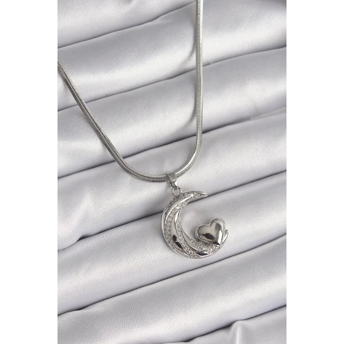 BUĞZ 316L Çelik Gümüş Renk İtalyan Zincir Zirkon Taşlı Halil Figür Kalp Detay Kadın Kolye