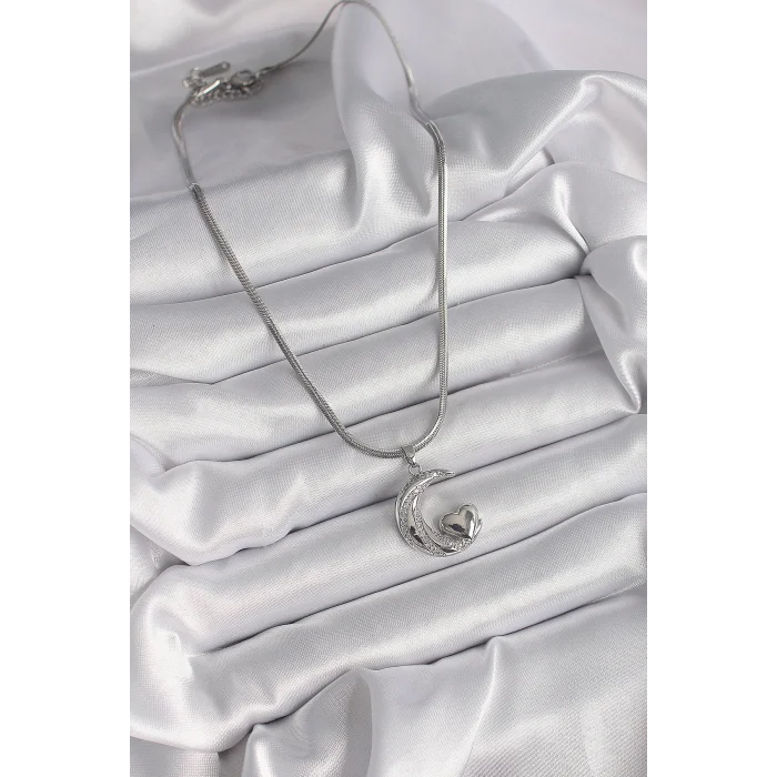 BUĞZ 316L Çelik Gümüş Renk İtalyan Zincir Zirkon Taşlı Halil Figür Kalp Detay Kadın Kolye - BUĞZ