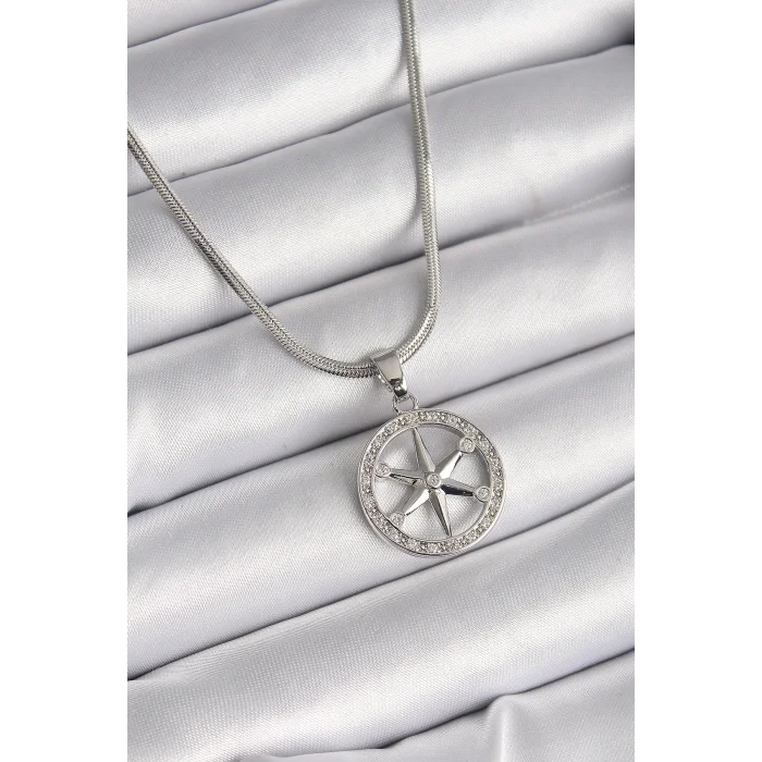 BUĞZ 316L Çelik Gümüş Renk İtalyan Zincir Zirkon Taşlı Kutup Yıldız Model Kadın Kolye