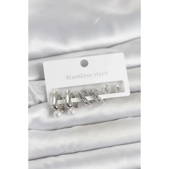 BUĞZ 316L Çelik Gümüş Renk Kadın Küpe Seti