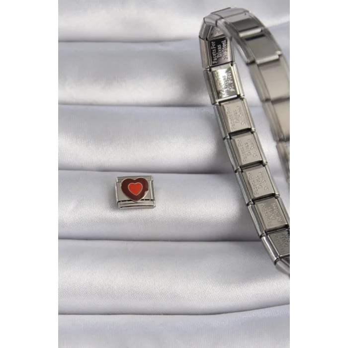 BUĞZ 316L Çelik Gümüş Renk Kahverengi Kalp İşlemeli Nomination Charm