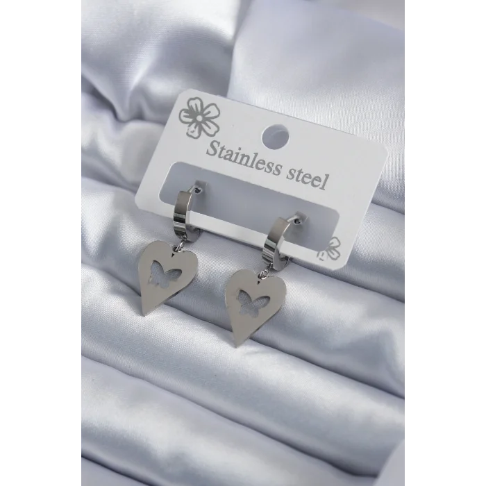 BUĞZ 316L Çelik Gümüş Renk Kalp Model Kelebek İşleme Kadın Küpe