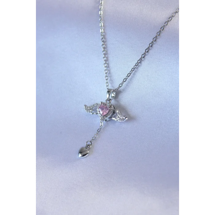 BUĞZ 316L Çelik Gümüş Renk Kanatlı Kalp Figür Zirkon Taş Detay Kadın Kolye
