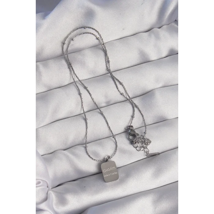 BUĞZ 316L Çelik Gümüş Renk Kare Charm Model Kolye