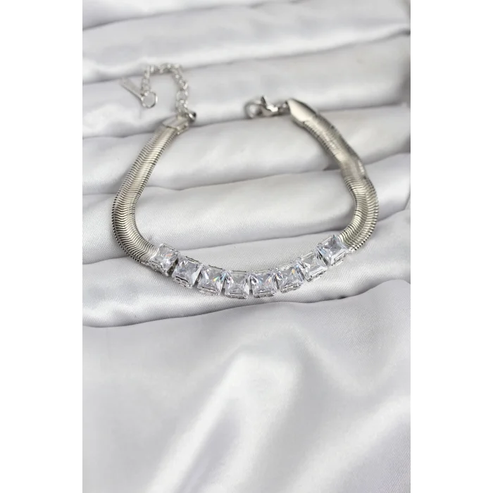 BUĞZ 316L Çelik Gümüş Renk Kare Zirkon Taşlı Yılan Zincirli Kadın Bileklik