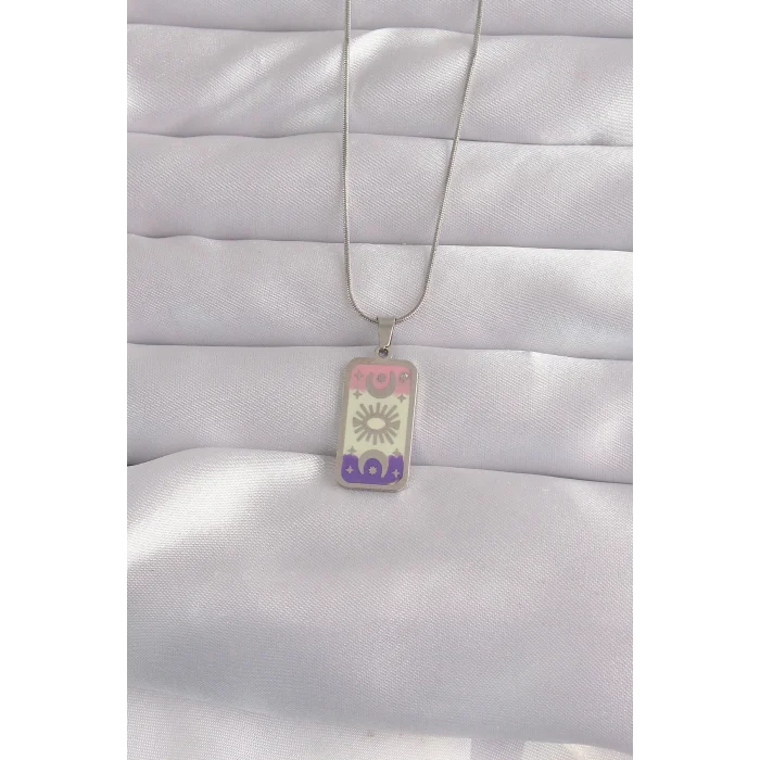 BUĞZ 316L Çelik Gümüş Renk Karışık Mineli Ay Figür Tarot Kolye