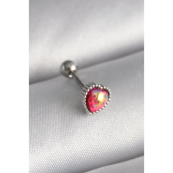 BUĞZ 316L Çelik Gümüş Renk Kırmızı Mineli Kalp Tragus Piercing