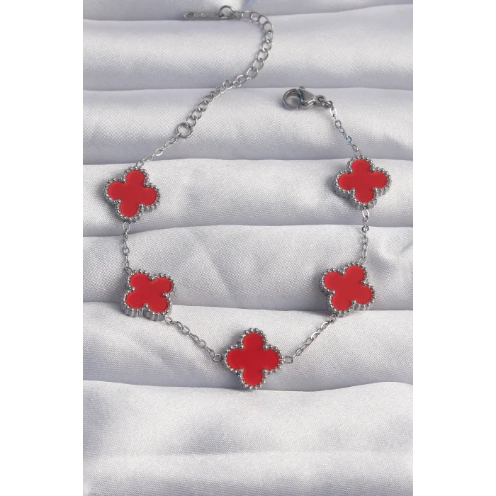 BUĞZ 316L Çelik Gümüş Renk Kırmızı Mineli Yonca Bileklik