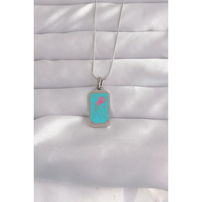 BUĞZ 316L Çelik Gümüş Renk Mavi Mineli Tarot Kolye