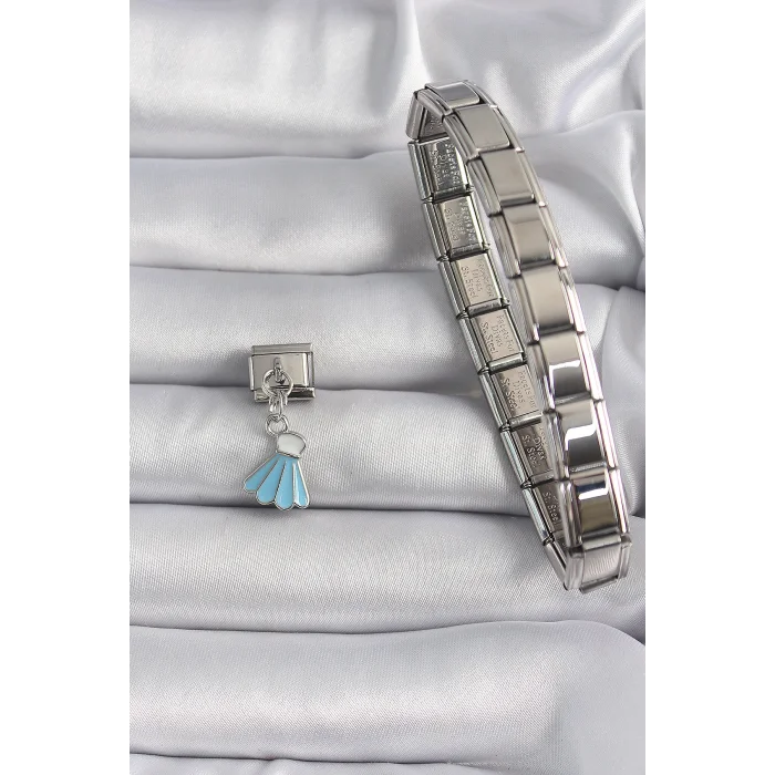 BUĞZ 316L Çelik Gümüş Renk Mavi Renk Sallantı Elbise Model Nomination Charm - Lisinya