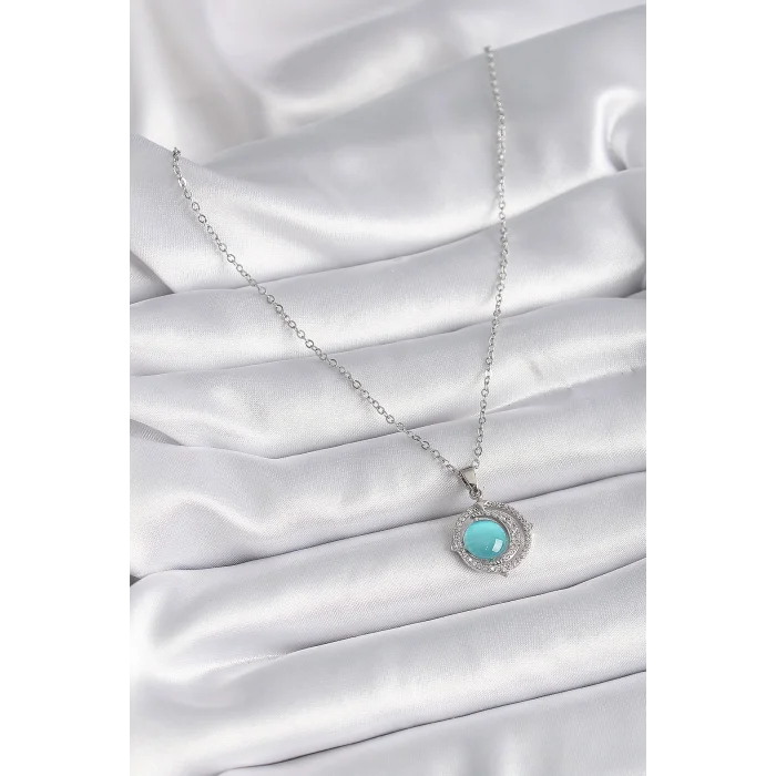 BUĞZ 316L Çelik Gümüş Renk Mavi Sedefli Hilal Model Kadın Kolye - Lisinya