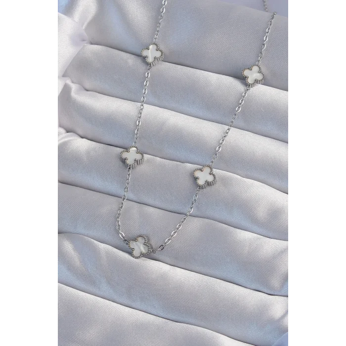 BUĞZ 316L Çelik Gümüş Renk Minimal Beyaz Sedefli Yonca Kolye