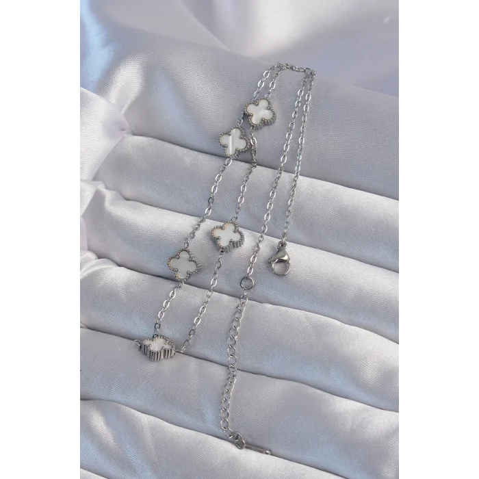 BUĞZ 316L Çelik Gümüş Renk Minimal Beyaz Sedefli Yonca Kolye