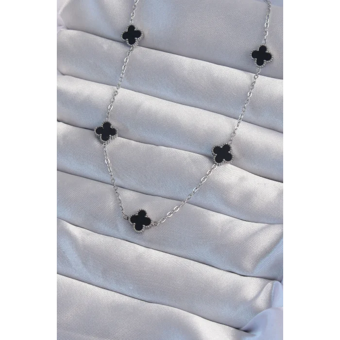 BUĞZ 316L Çelik Gümüş Renk Minimal Siyah Mineli Yonca Kolye