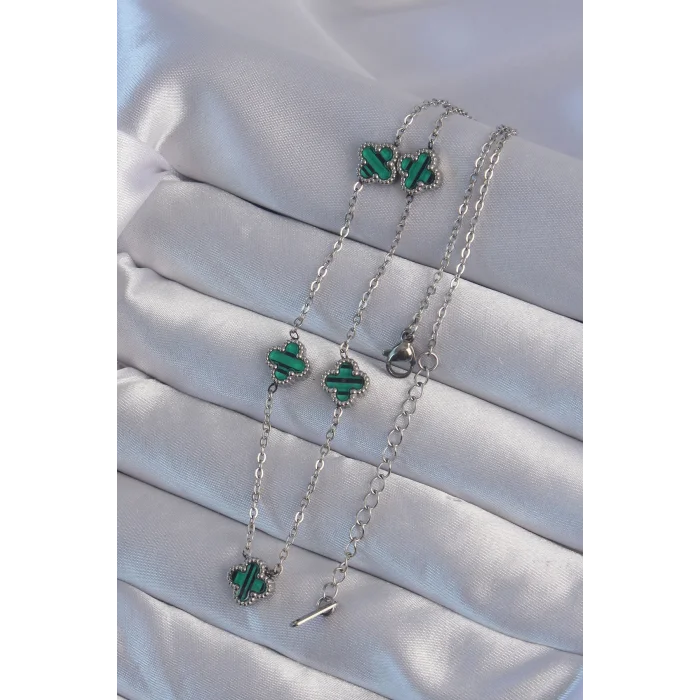 BUĞZ 316L Çelik Gümüş Renk Minimal Yeşil Mineli Yonca Kolye