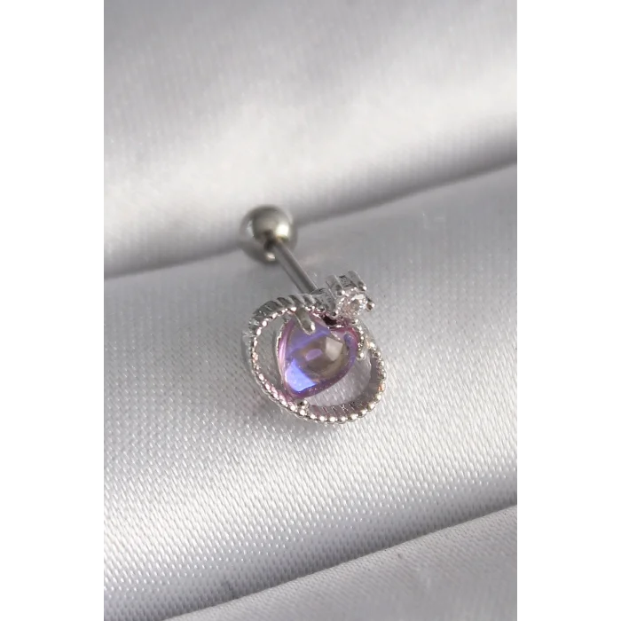 BUĞZ 316L Çelik Gümüş Renk Mor Mineli Kalp Zirkon Taş Detay Tragus Piercing