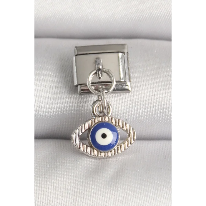 BUĞZ 316L Çelik Gümüş Renk Nazar Boncuk Detaylı Göz Model Nomination Charm