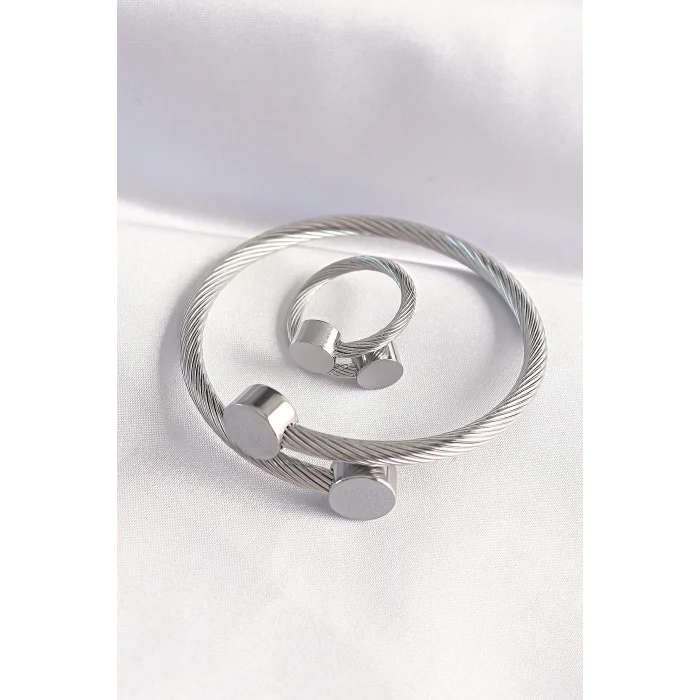 BUĞZ 316L Çelik Gümüş Renk Oval Aksesuarlı Burgu Model Bileklik ve Yüzük Kombini