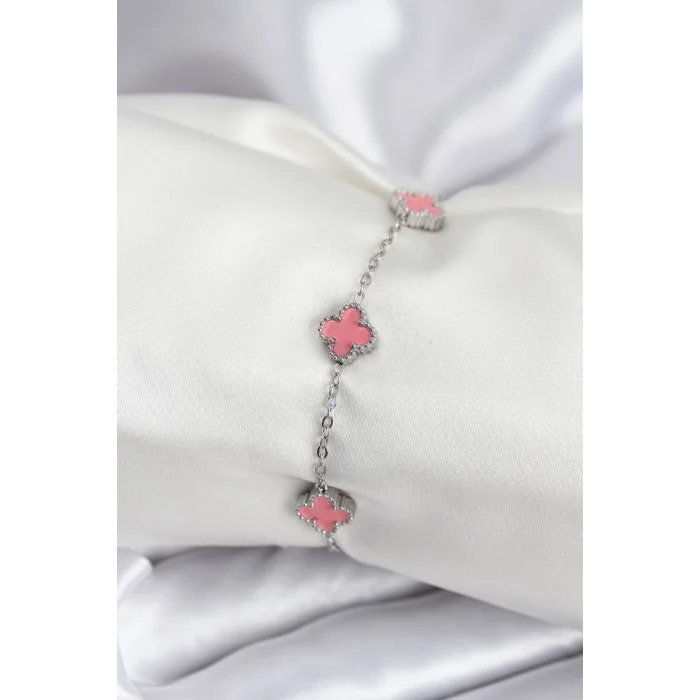 BUĞZ 316L Çelik Gümüş Renk Pembe Baby Boy Yonca Kadın Bileklik