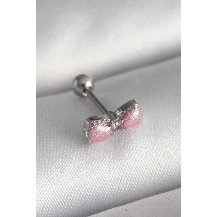 BUĞZ 316L Çelik Gümüş Renk Pembe Kurdele Zirkon Taş Detay Tragus Piercing