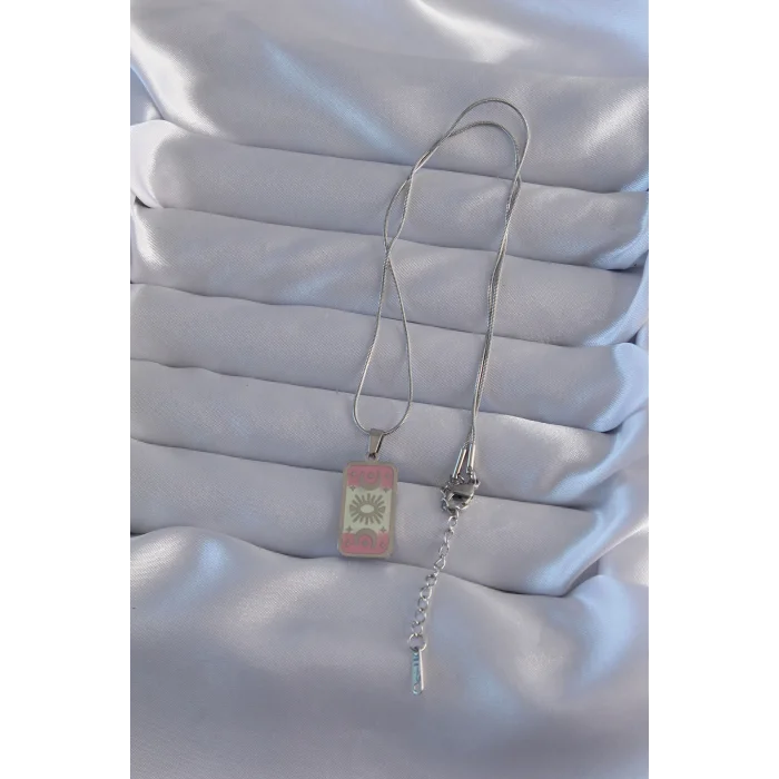 BUĞZ 316L Çelik Gümüş Renk Pembe Mineli Ay Figür Tarot Kolye - Lisinya