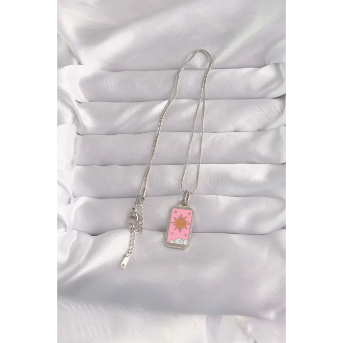 BUĞZ 316L Çelik Gümüş Renk Pembe Mineli Güneş Model Tarot Kolye - Lisinya