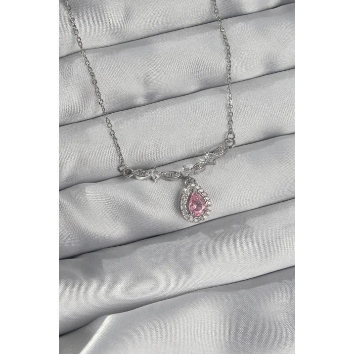 BUĞZ 316L Çelik Gümüş Renk Pembe Zirkon Taşlı Damla Kolye