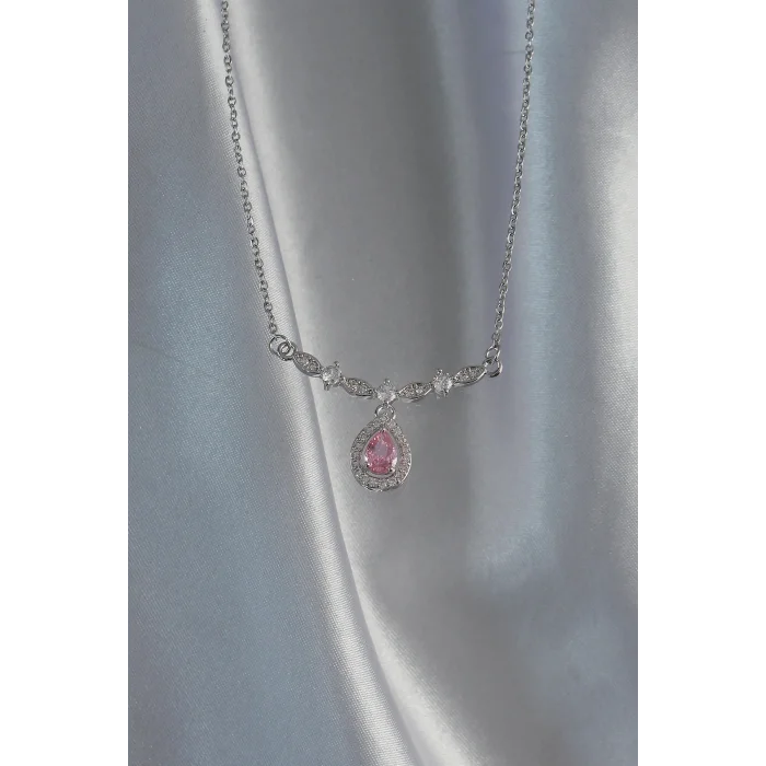 BUĞZ 316L Çelik Gümüş Renk Pembe Zirkon Taşlı Damla Kolye