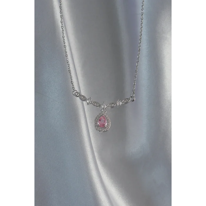 BUĞZ 316L Çelik Gümüş Renk Pembe Zirkon Taşlı Damla Kolye - Lisinya